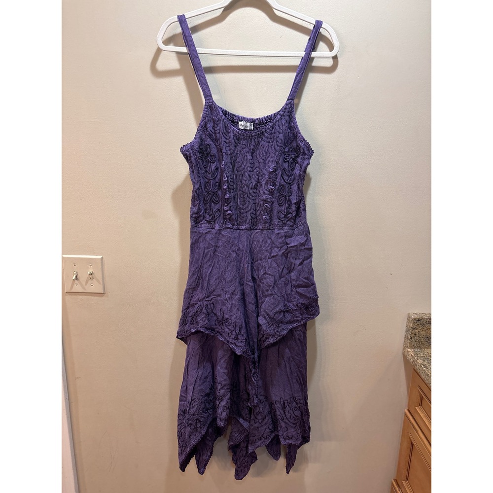 Lapogee Purple Embroidered Handkerchief Hem Midi Dress Smocked Back Rayon OS